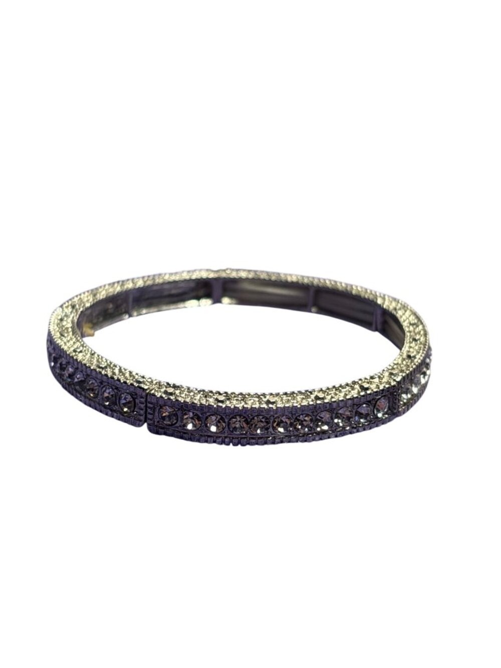 Textured Silvertone Clear Rhinestone Stretchy Bracelet 6.5 inches